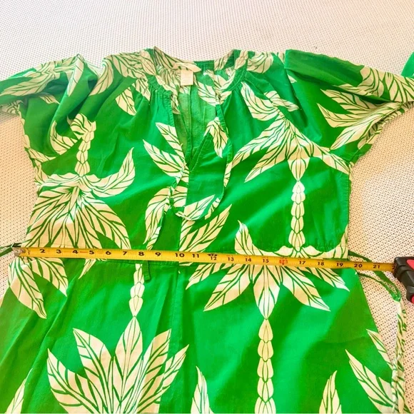 H&M Cotton Green & White Palm Leaf Tie Midi Maxi Long Sleeve Dress - Picture 13 of 14